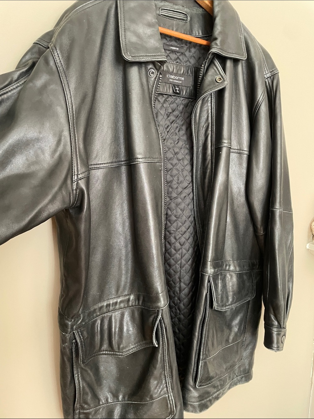 90s Vintage Claiborne Black Lambskin Leather Jacket with Quilted Lining